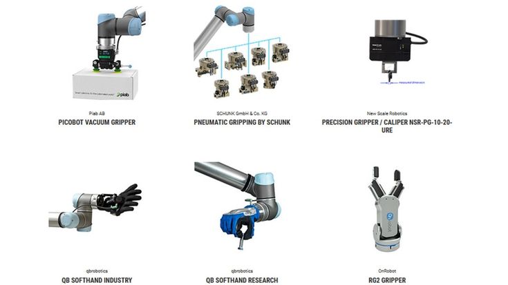 Imagem com pequeno resumo das diferentes garras compatíveis com os braços robóticos colaborativos da Universal Robots