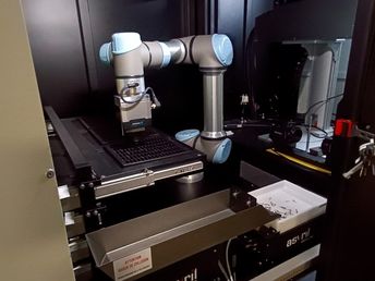 The cobot places the part in a blister pack which will be retrieved through the rear hatch of the station