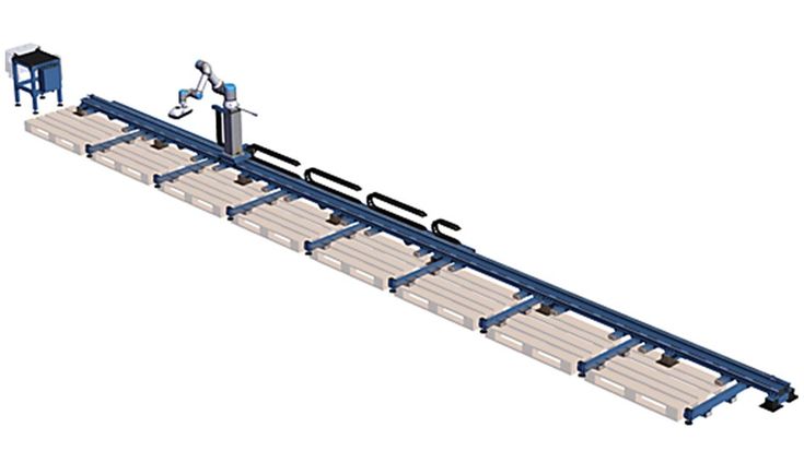 Leer de basisprincipes van palletiseerconfiguraties, zoals het hierboven getoonde horizontale toegangssysteem dat ontworpen is om tot 8 pallets tegelijk te stapelen, in onze nieuwste white paper. Bron: Vention.