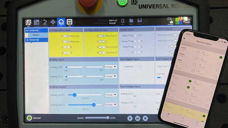 Die Cloud-Überwachung ermöglicht den Fernzugriff auf Echtzeit-E/A, Variablen und Protokolle der Cobots von Universal Robot. Im Bild: Cloud-Software von Hirebotics.