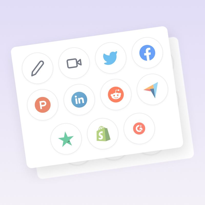 A list of icons. They include a pencil, a video recorder, twitter, facebook, product hunt, linkedin, reddit, capterra, trustpilot, shopify and g2