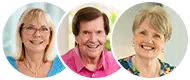 Three smiling older adults in a collage: a woman with glasses, a man in a pink shirt, and a woman in a floral top.