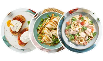 Three dishes: bruschetta with mozzarella, grilled chicken with edamame and noodles, and creamy pasta with broccoli and tomatoes.