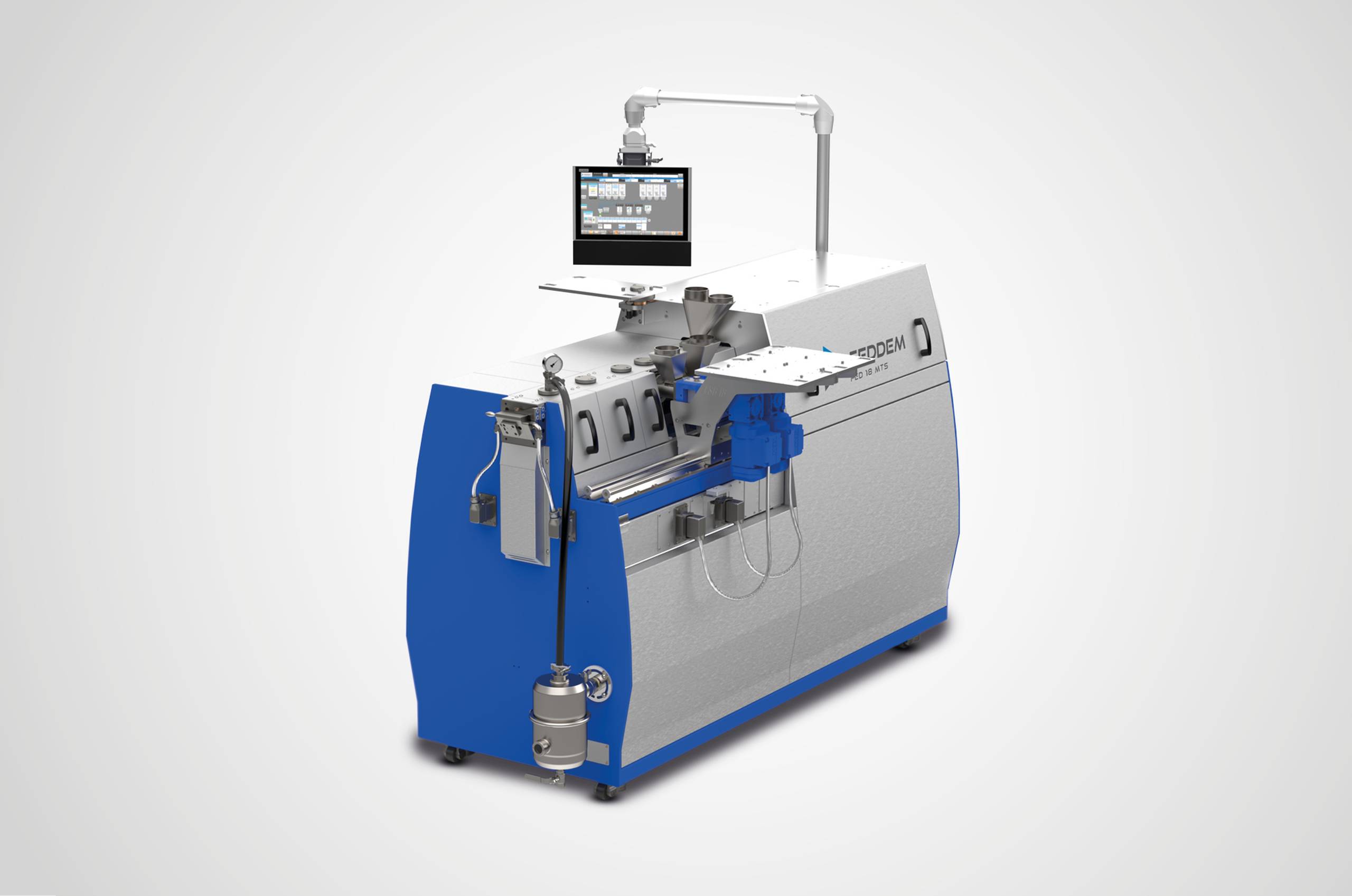 The compact FED 18 MTS lab extruder by Feddem in a laboratory setting, perfect for precise plastic extrusion, material development, and research.