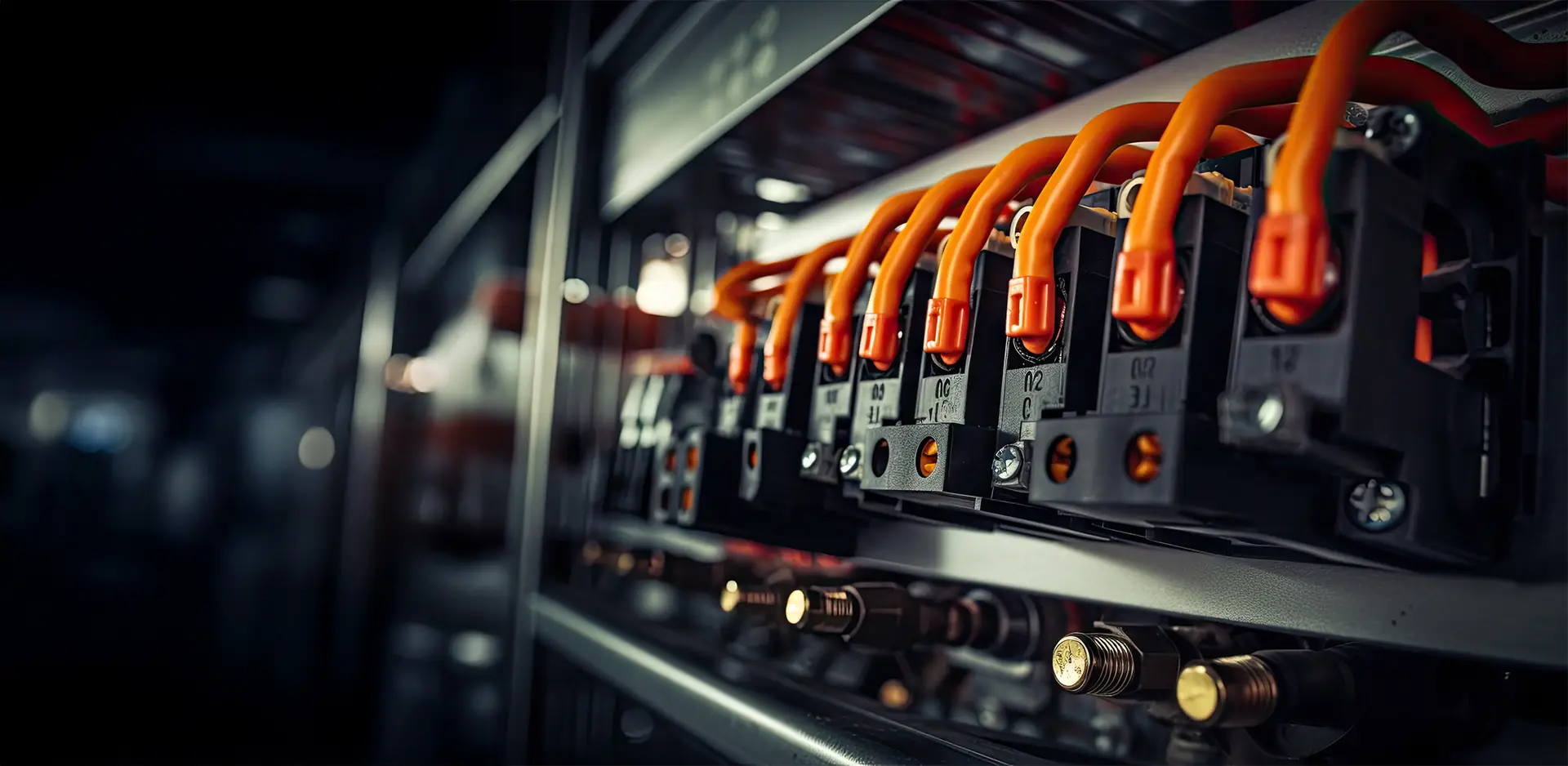 Detailed view of electrical control cabinet components with orange cables and connectors in an industrial environment.