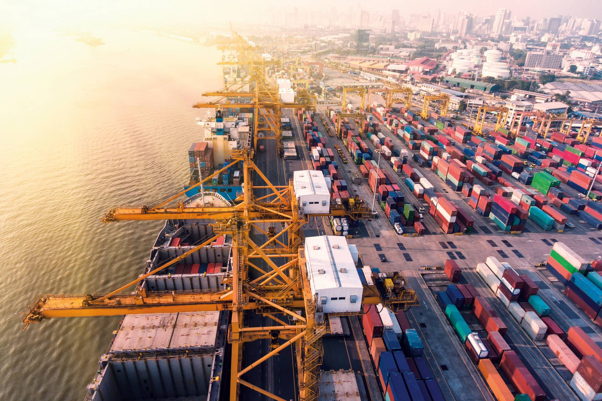 birds eye view port goods turnover in the evening