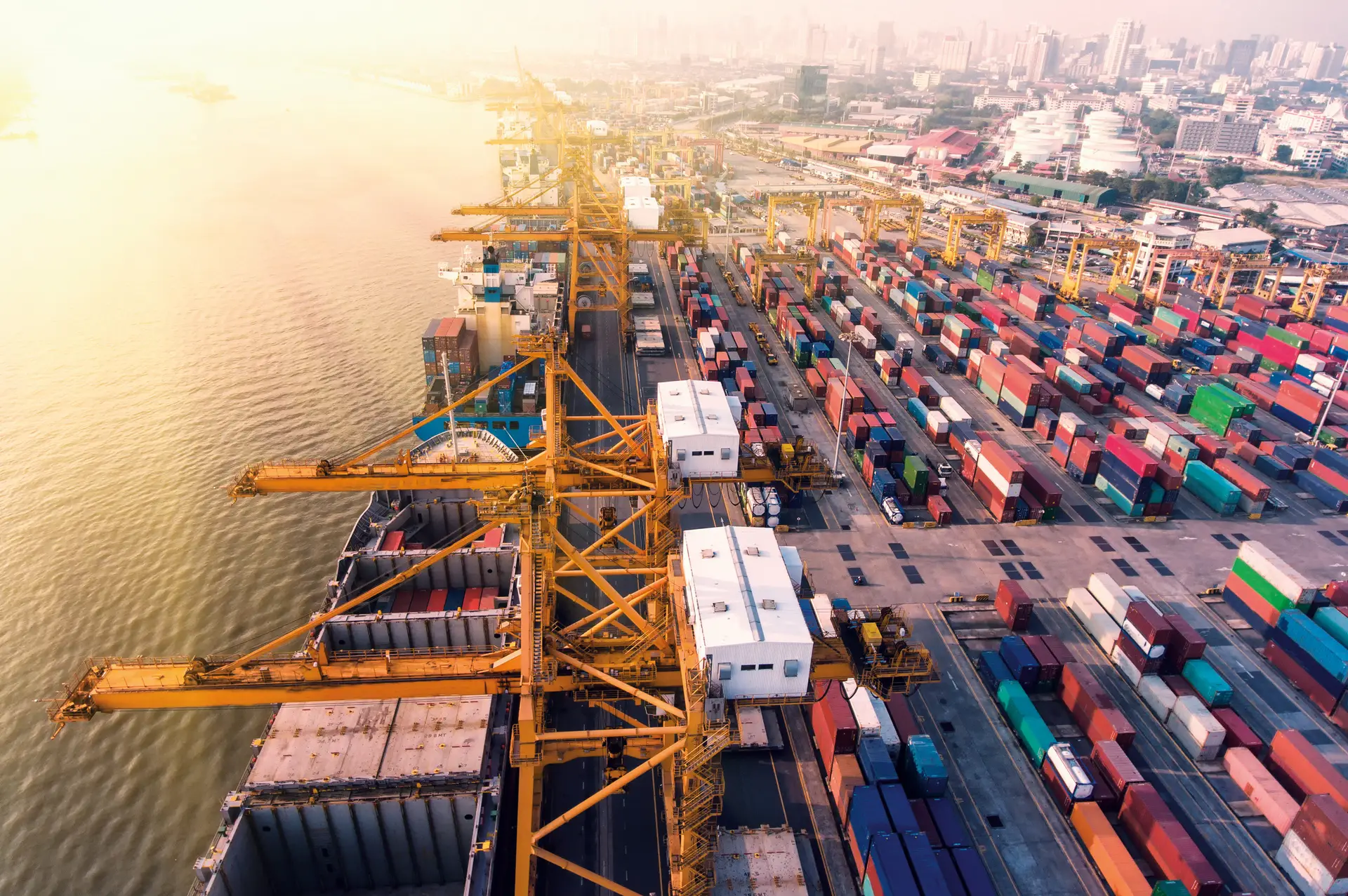 birds eye view port goods turnover in the evening