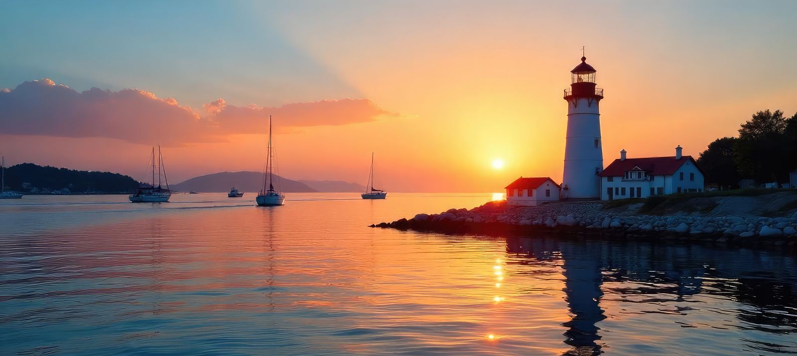 A serene sunset over a calm sea with a lighthouse and several sailboats. The sky is vibrant with orange and pink hues, reflecting on the water.