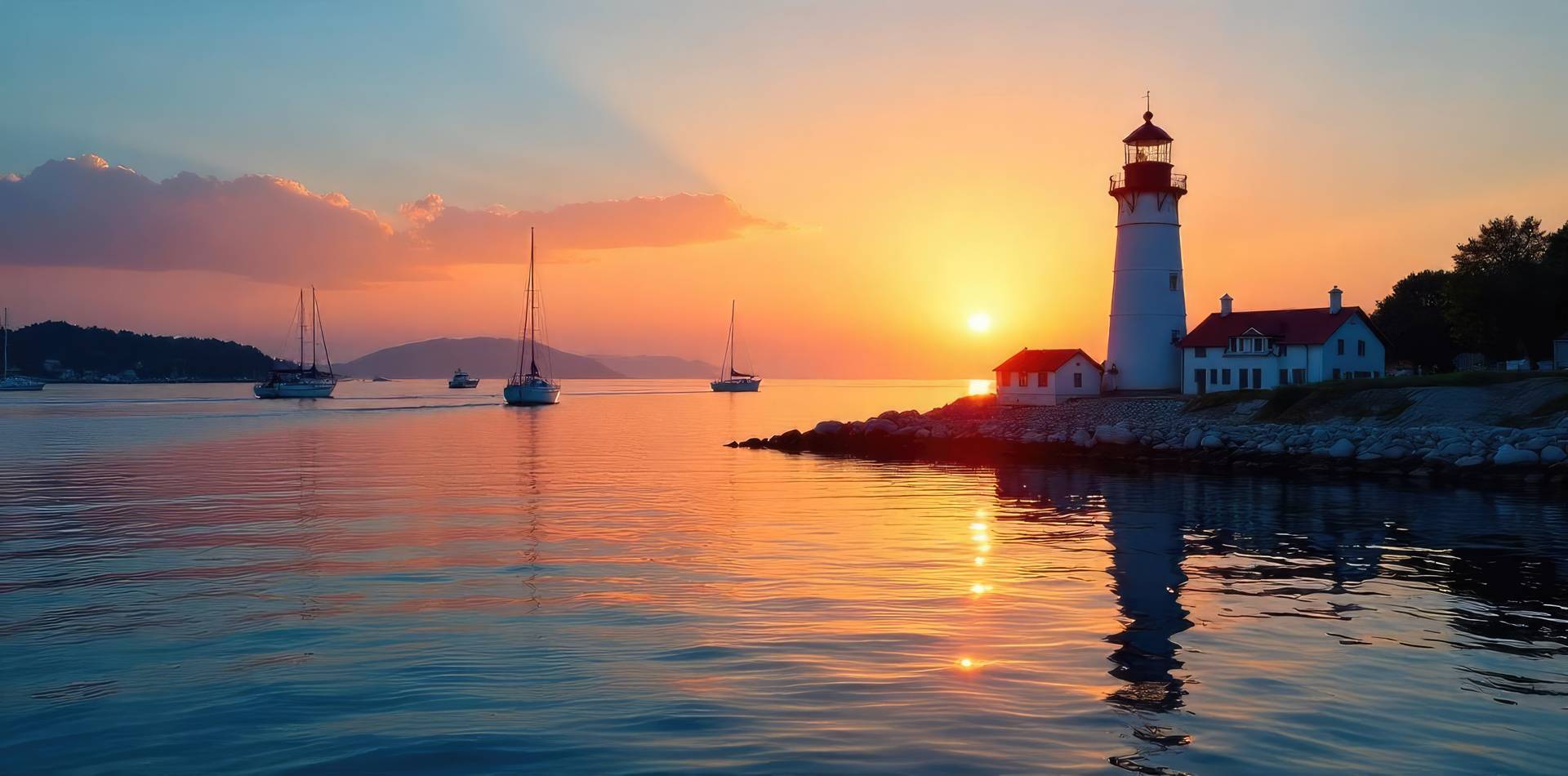 A serene sunset over a calm sea with a lighthouse and several sailboats. The sky is vibrant with orange and pink hues, reflecting on the water.