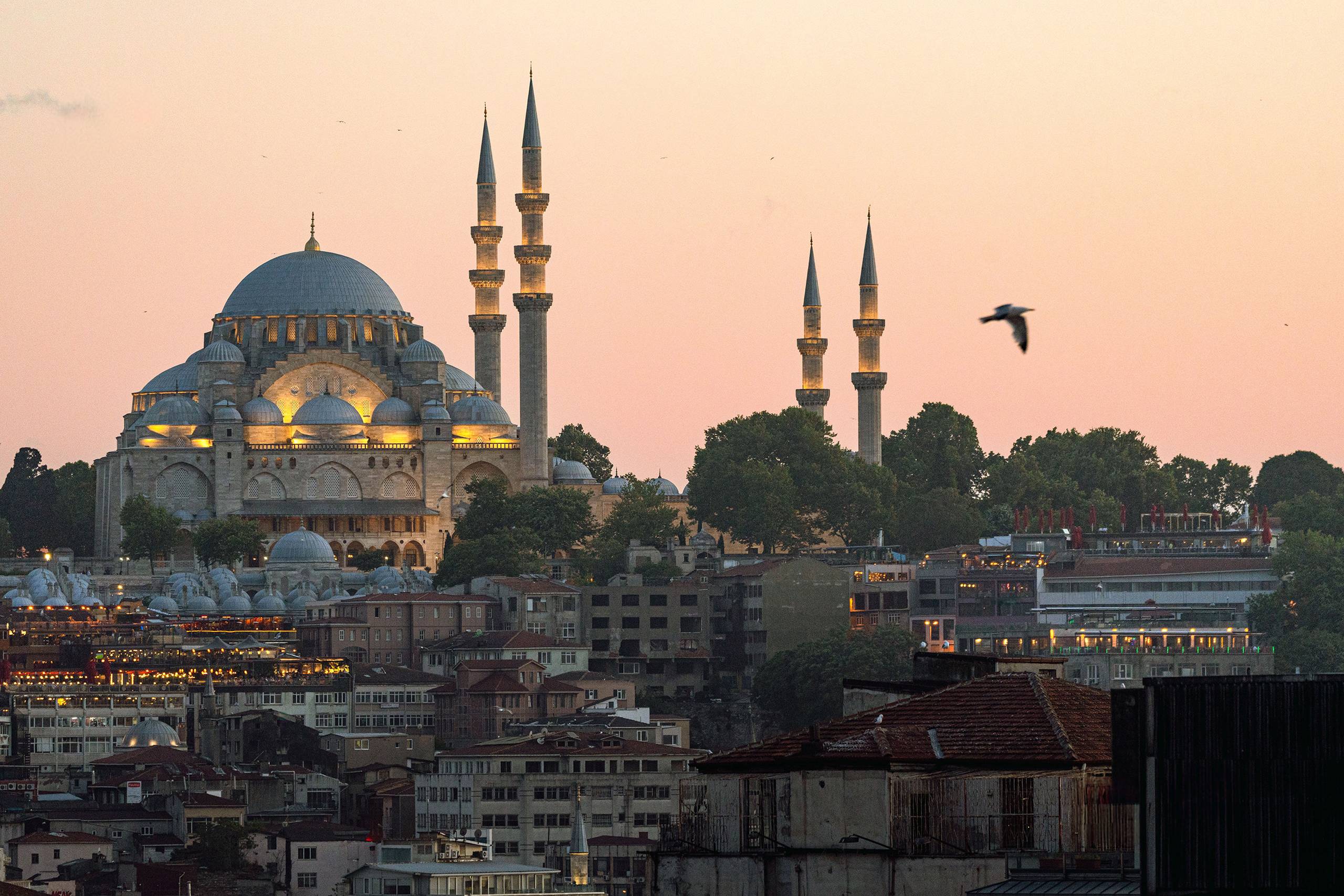 A mosque with four minarets stands against a pastel sunset sky in Istanbul, with a seagull flying by and city buildings in the foreground.