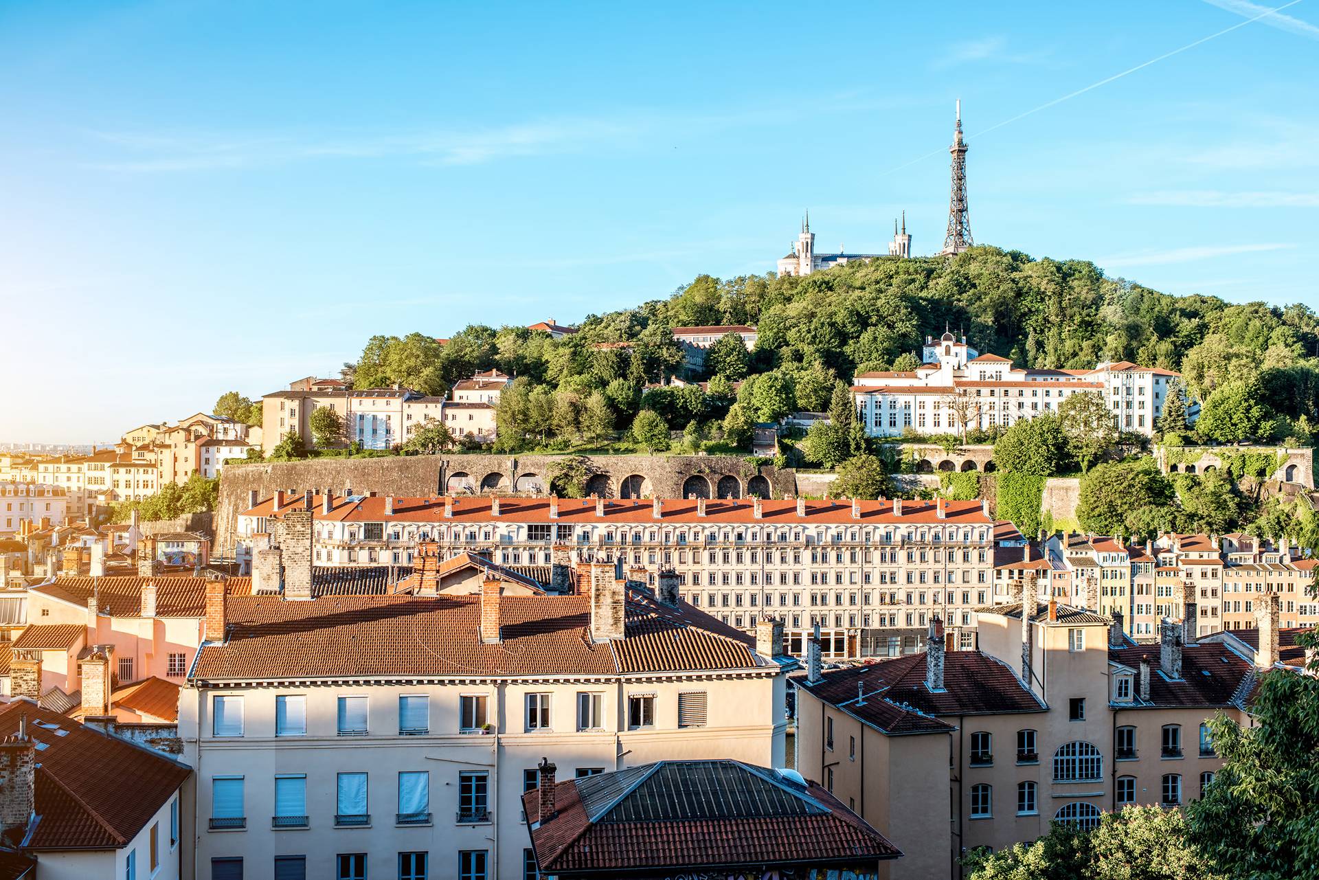 Scenic view over Lyon, France, with historic buildings, lush greenery, and the Basilica of Notre-Dame de Fourvière atop the hill.