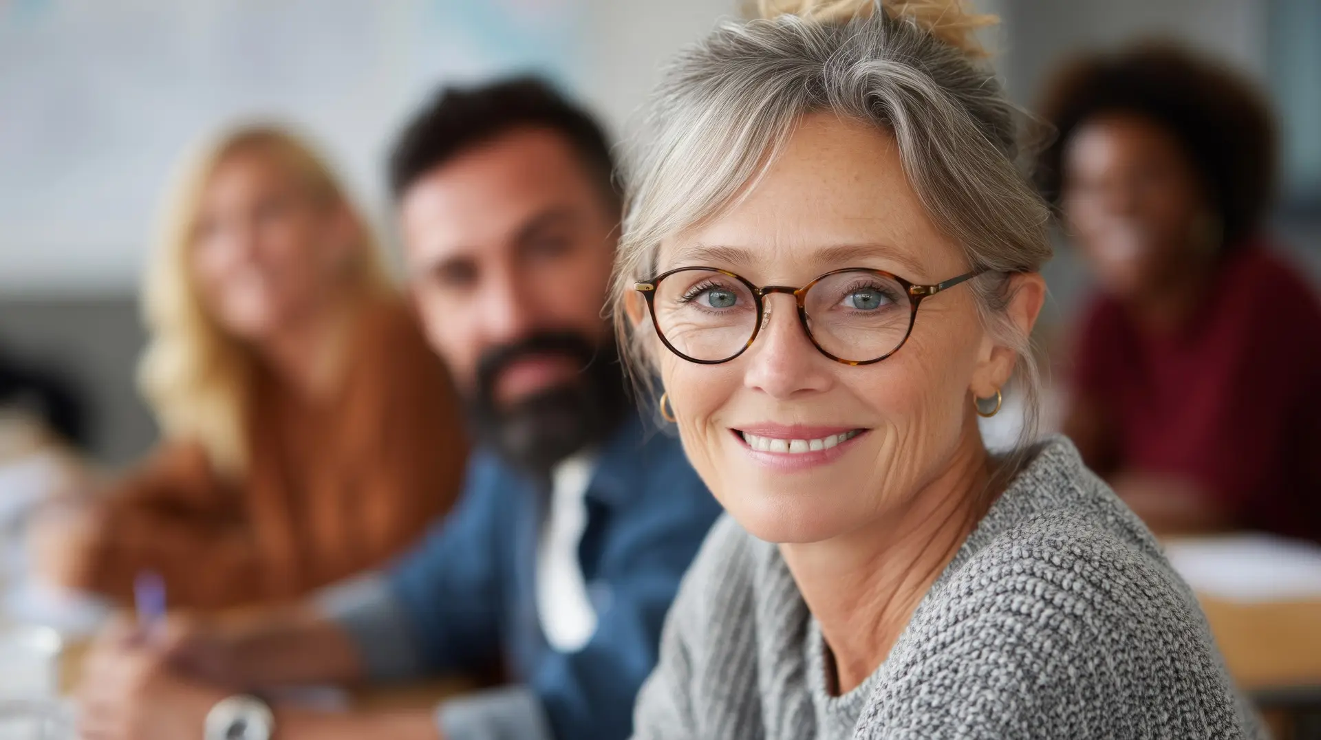 Smiling woman with glasses and gray hair, wearing a sweater, sits in a group setting with others blurred in the background.