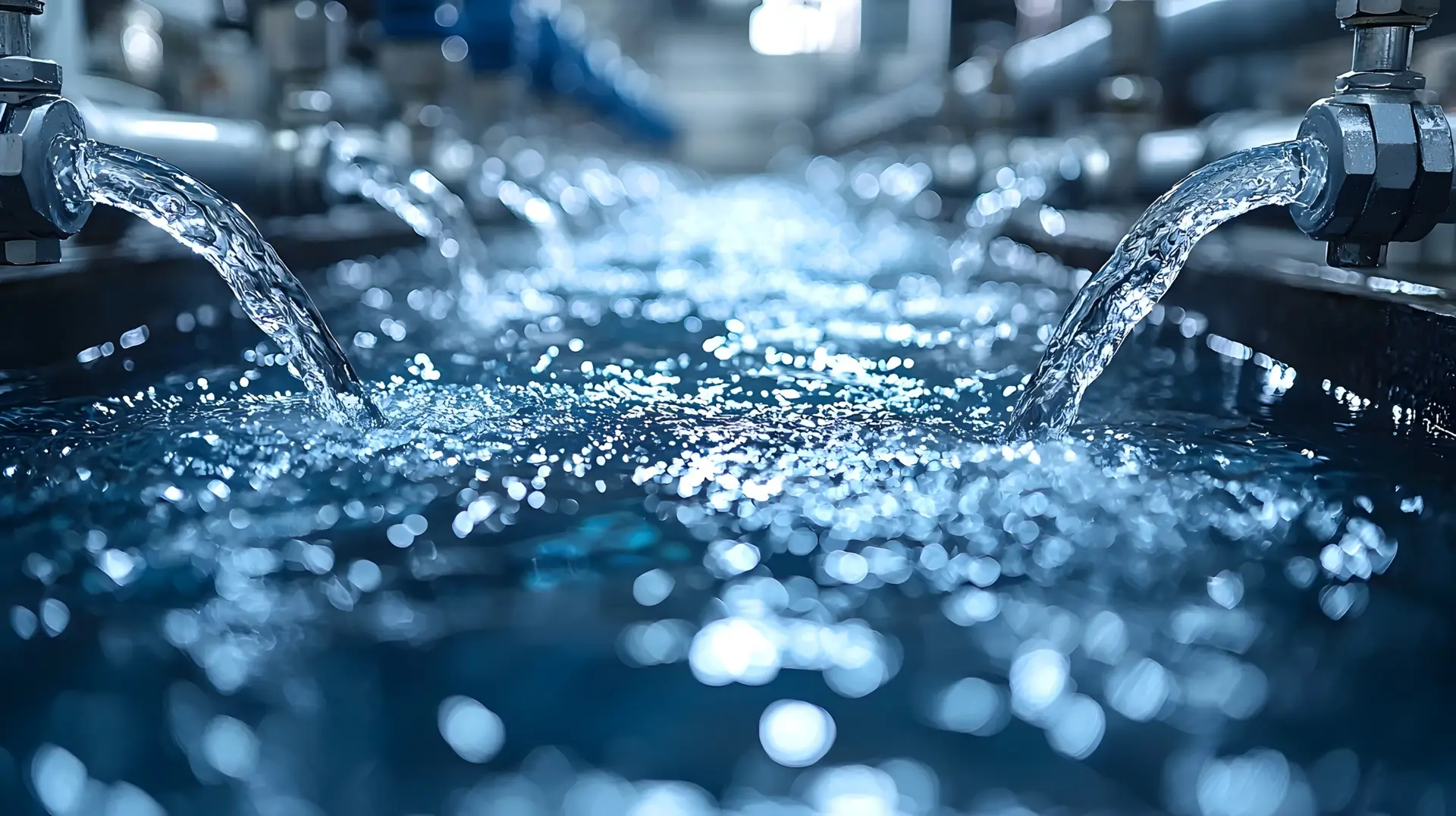 Close-up of water flowing from multiple industrial pipes into a large pool, with a bright, reflective surface and blurred background.