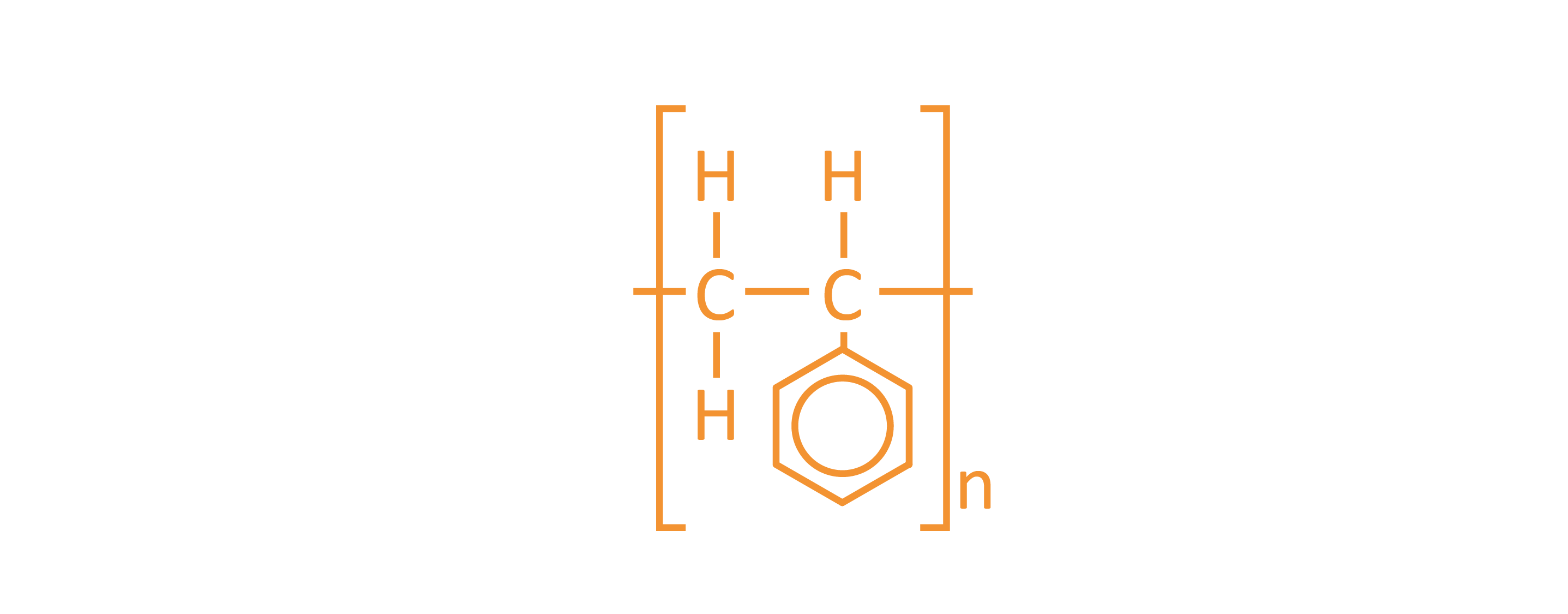 Strukturformel von Polystyrol, die sich wiederholende Einheiten mit Benzolringen und Kohlenwasserstoffketten zeigt, in Orange auf schwarzem Hintergrund.