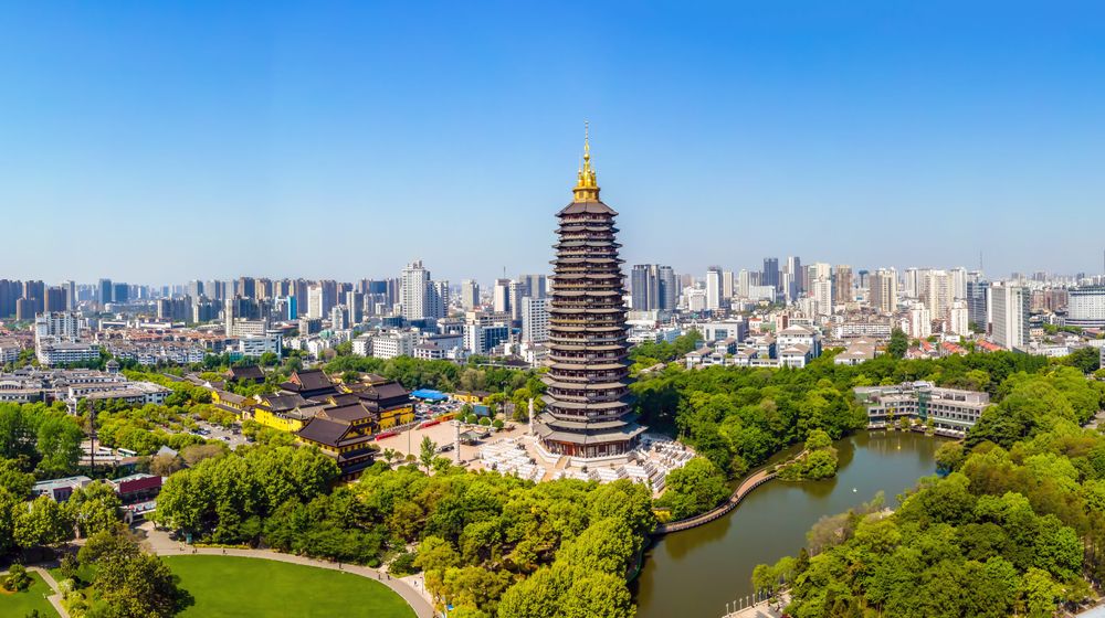 Aerial photography of Changzhou Hongmei Park and Tianning Temple