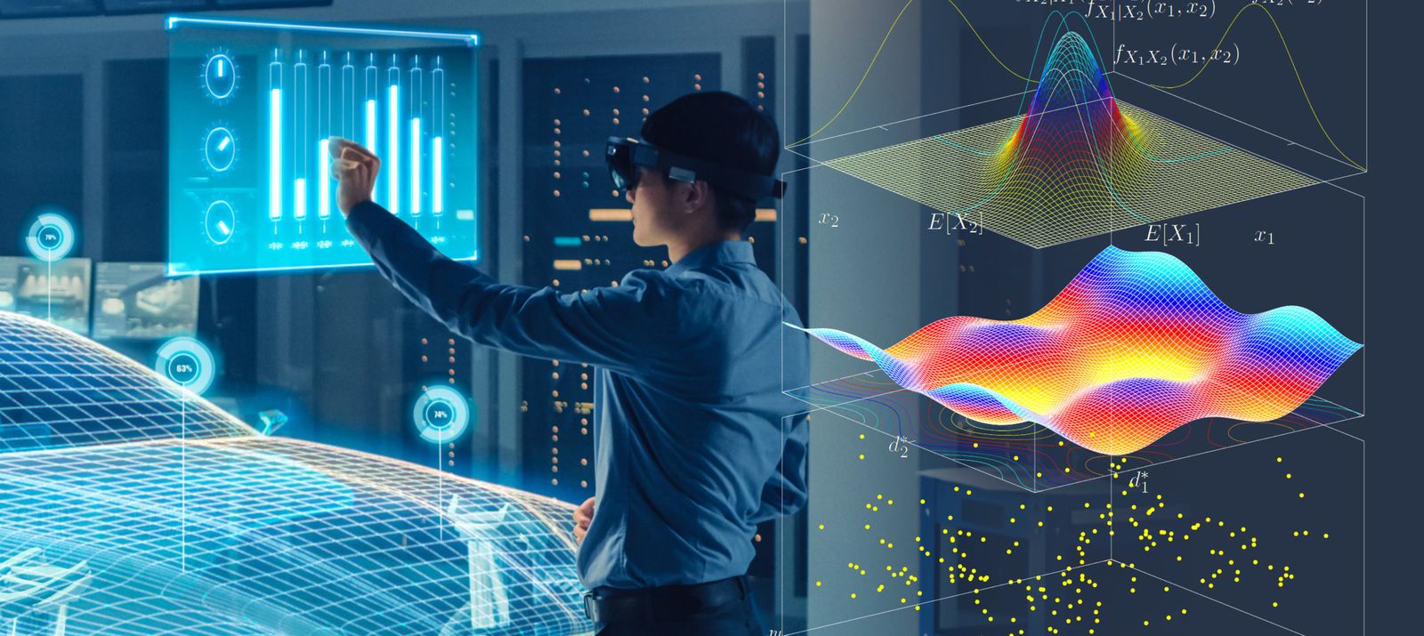 Person using augmented reality to interact with digital graphs and 3D models in a futuristic setting.