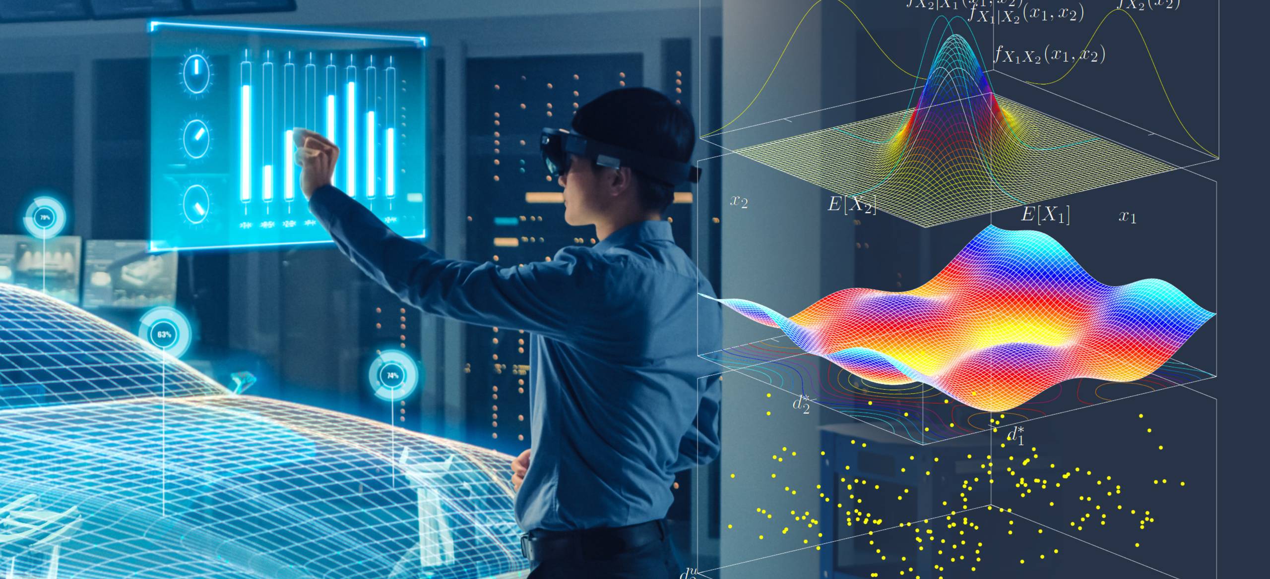 Person using augmented reality to interact with digital graphs and 3D models in a futuristic setting.