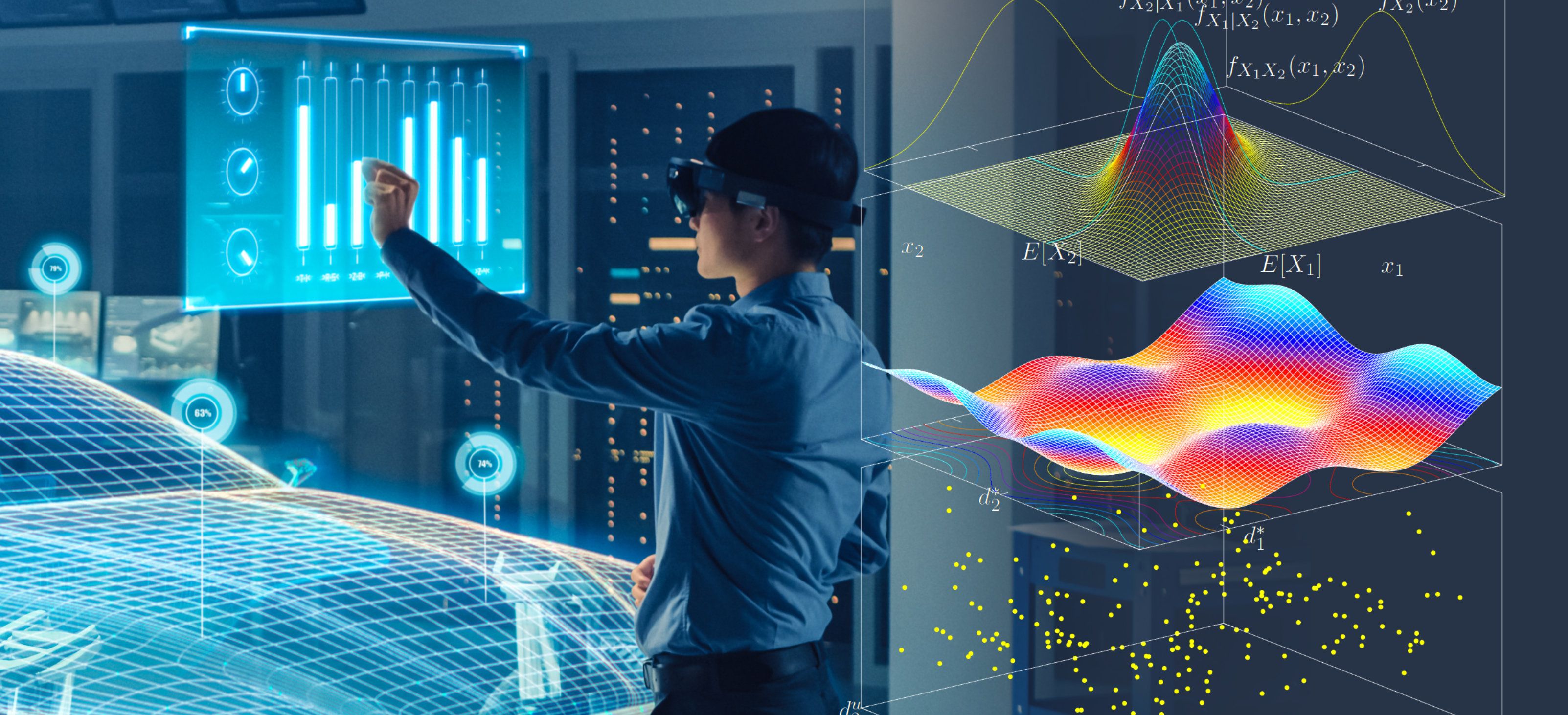 Person using augmented reality to interact with digital graphs and 3D models in a futuristic setting.