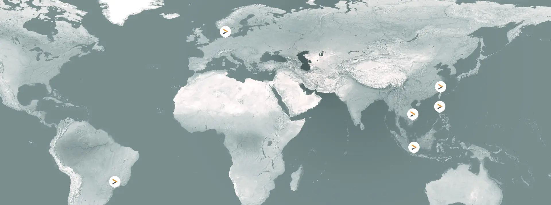 World map highlighting several locations in Asia and one in Africa with markers.