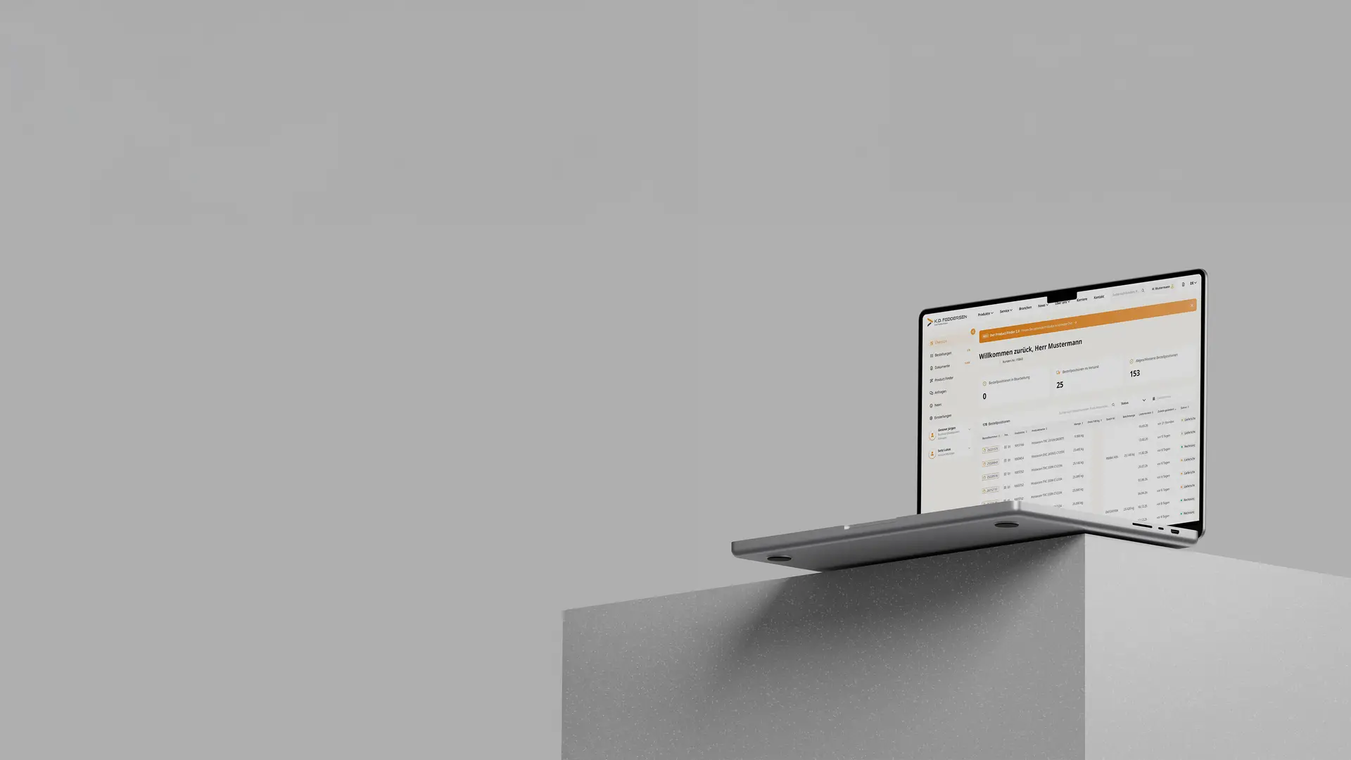 Laptop displaying a data dashboard screen, placed on a gray pedestal against a minimalist gray background.
