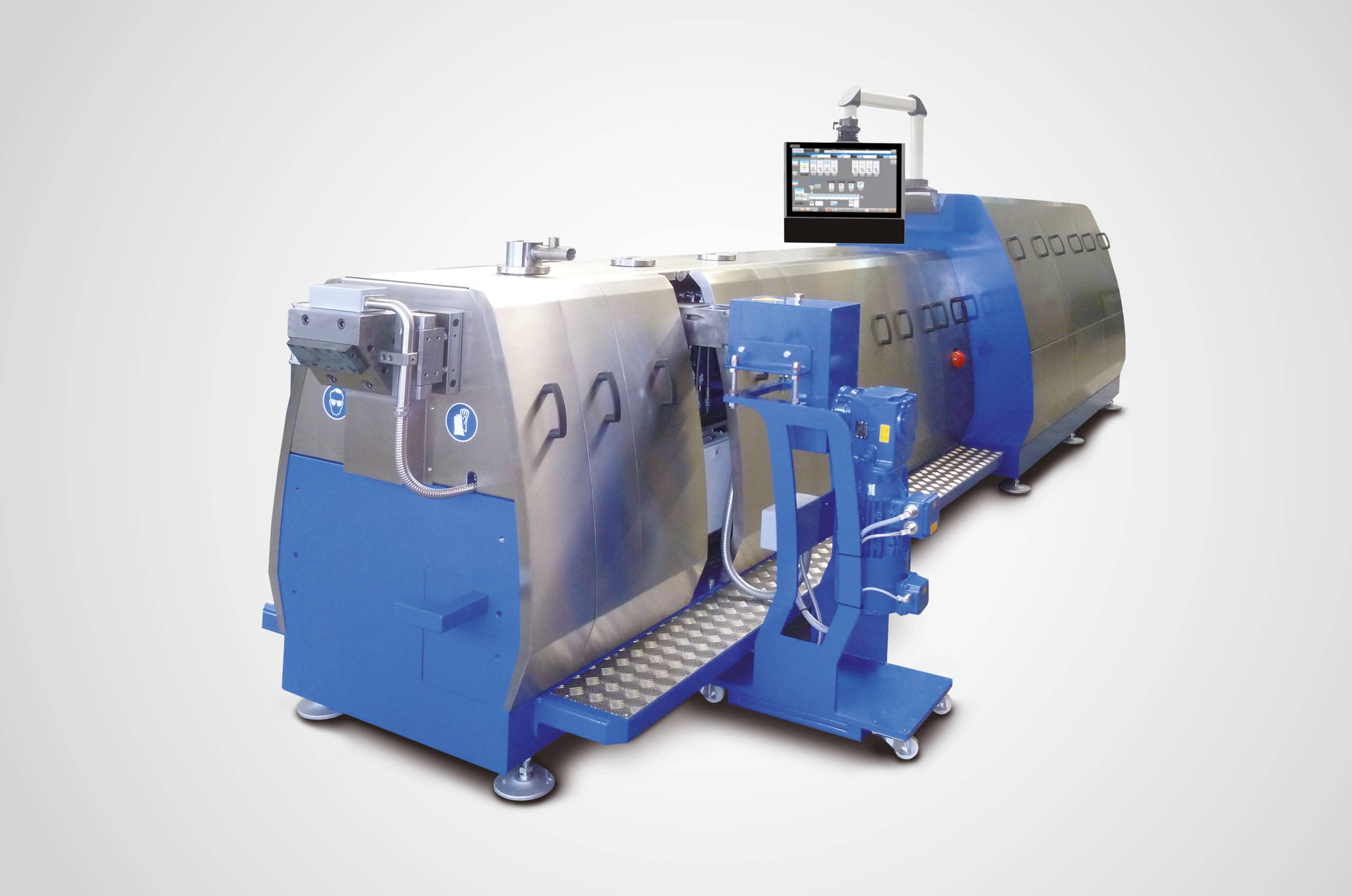 FED 72 MTS Doppelschneckenextruder für technischen Kunststoff mit Steuerung und Seitenaggregaten – Produktfoto für Compoundeure