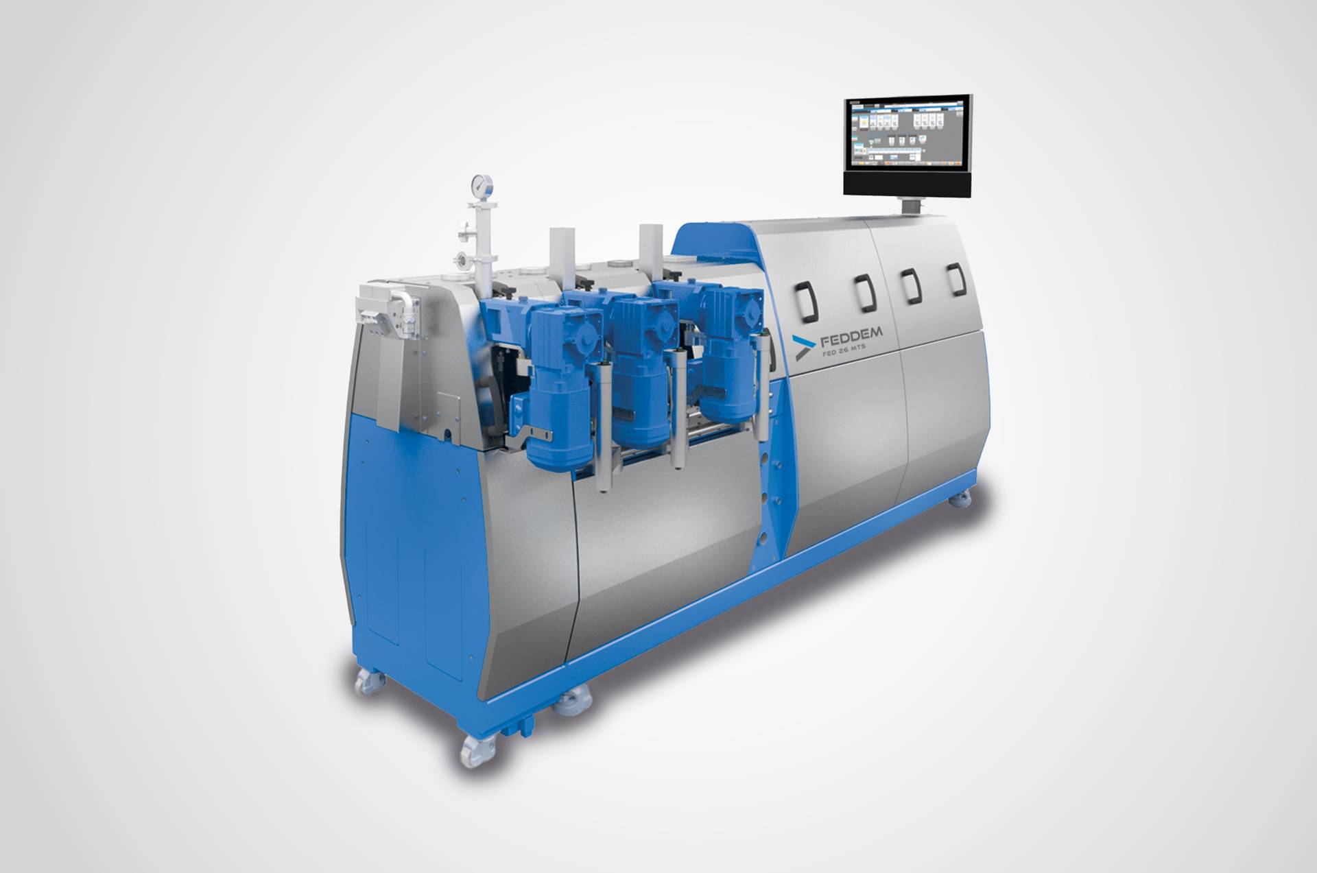 „FED 26 MTS Doppelschneckenextruder für technischen Kunststoff  mit Steuerung und Seitenaggregaten – Produktfoto für Compoundeure