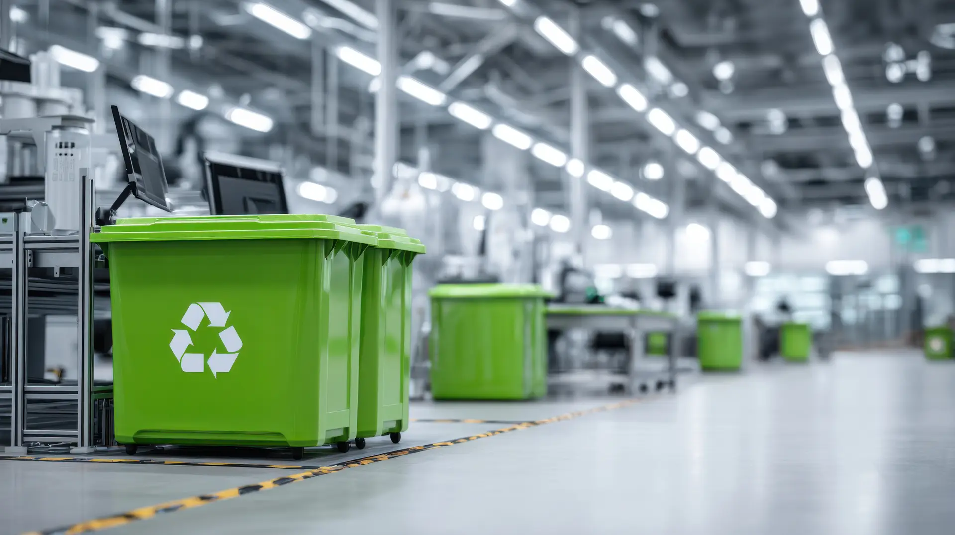 Green recycling bins in a modern, well-lit industrial facility with blurred background machinery and workstations.
