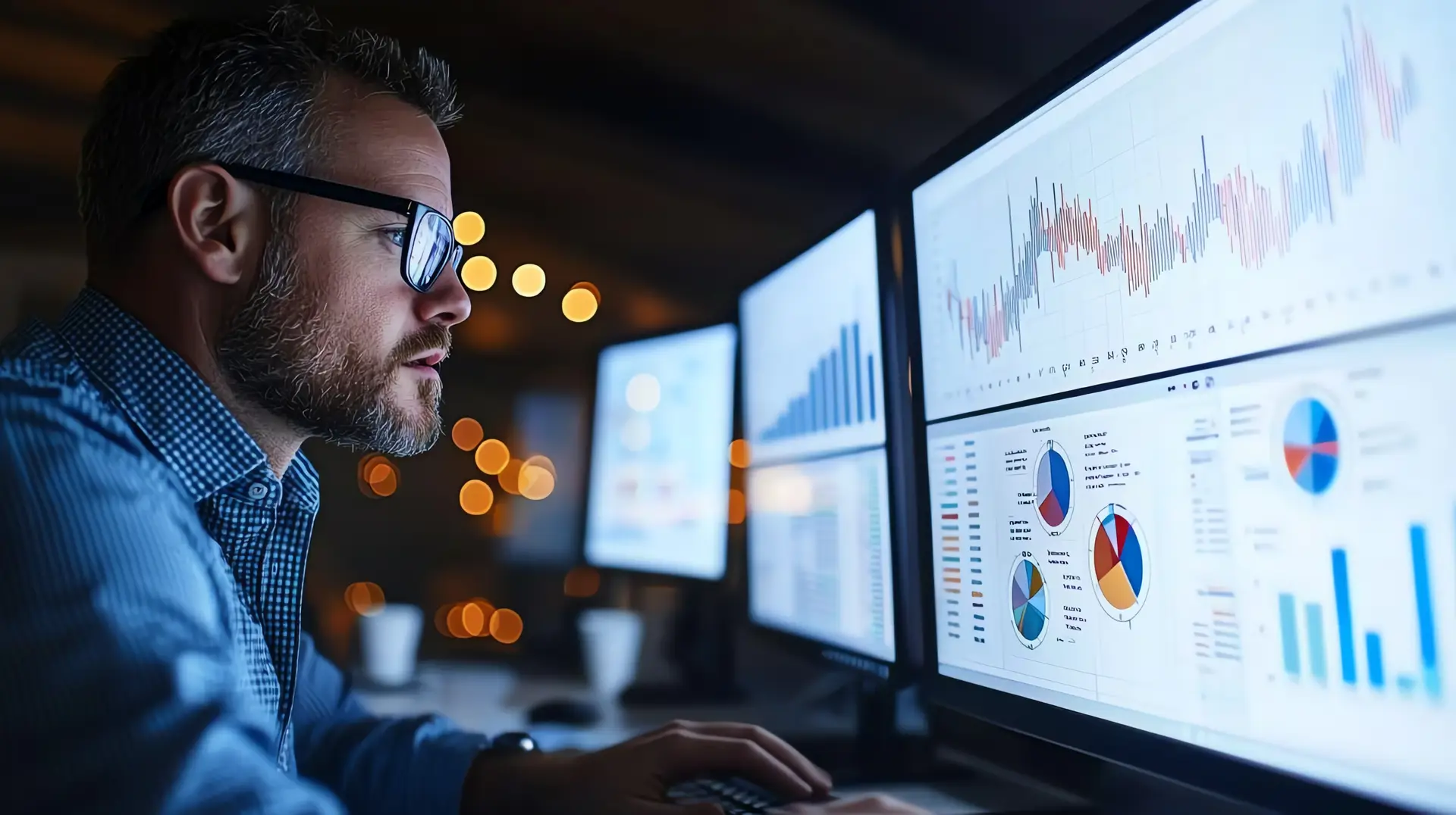 Man analyzing data on multiple computer screens displaying graphs and charts in a dimly lit room.