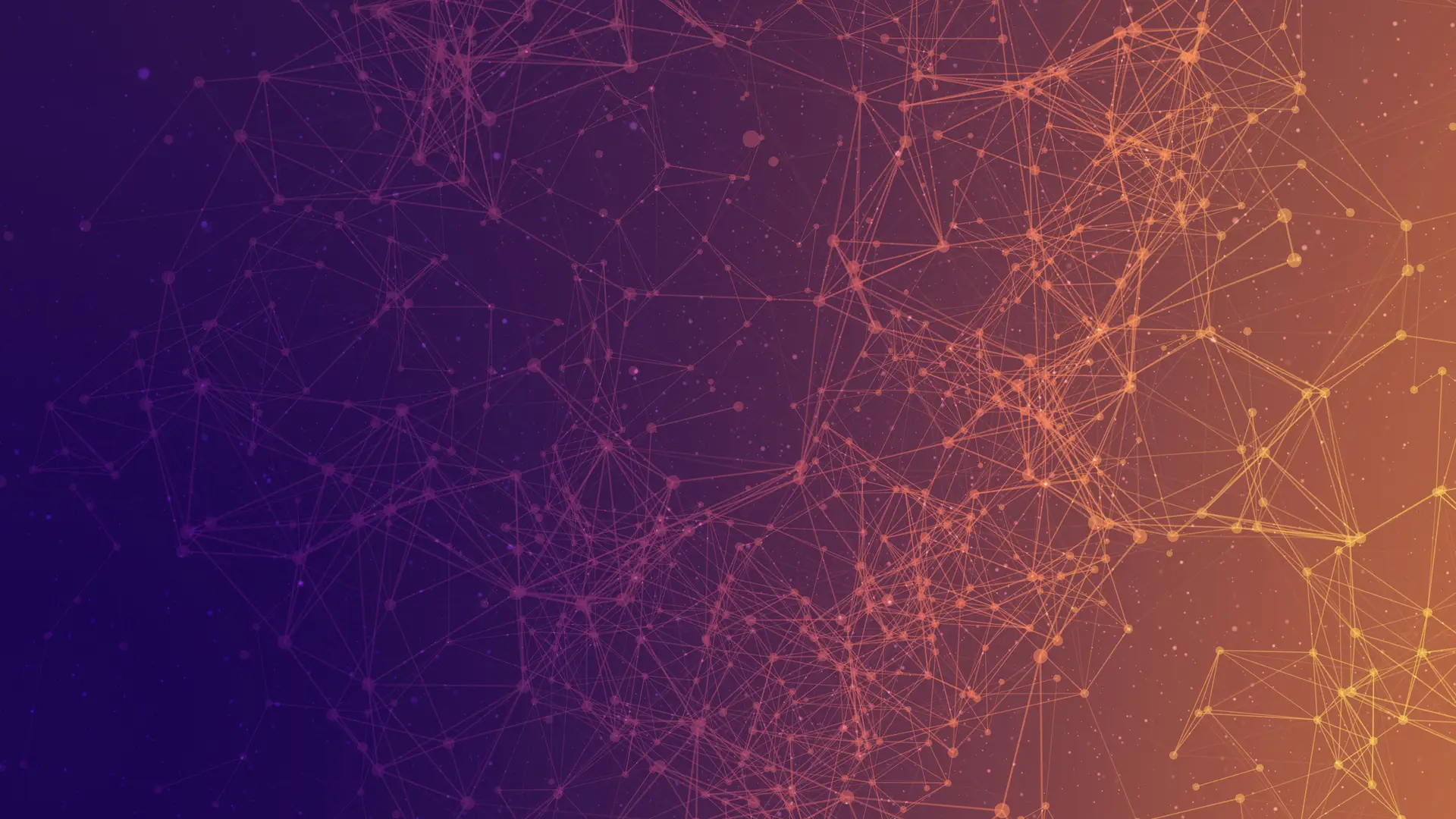 Abstract digital network with interconnected polymers on a gradient background from deep purple to orange.