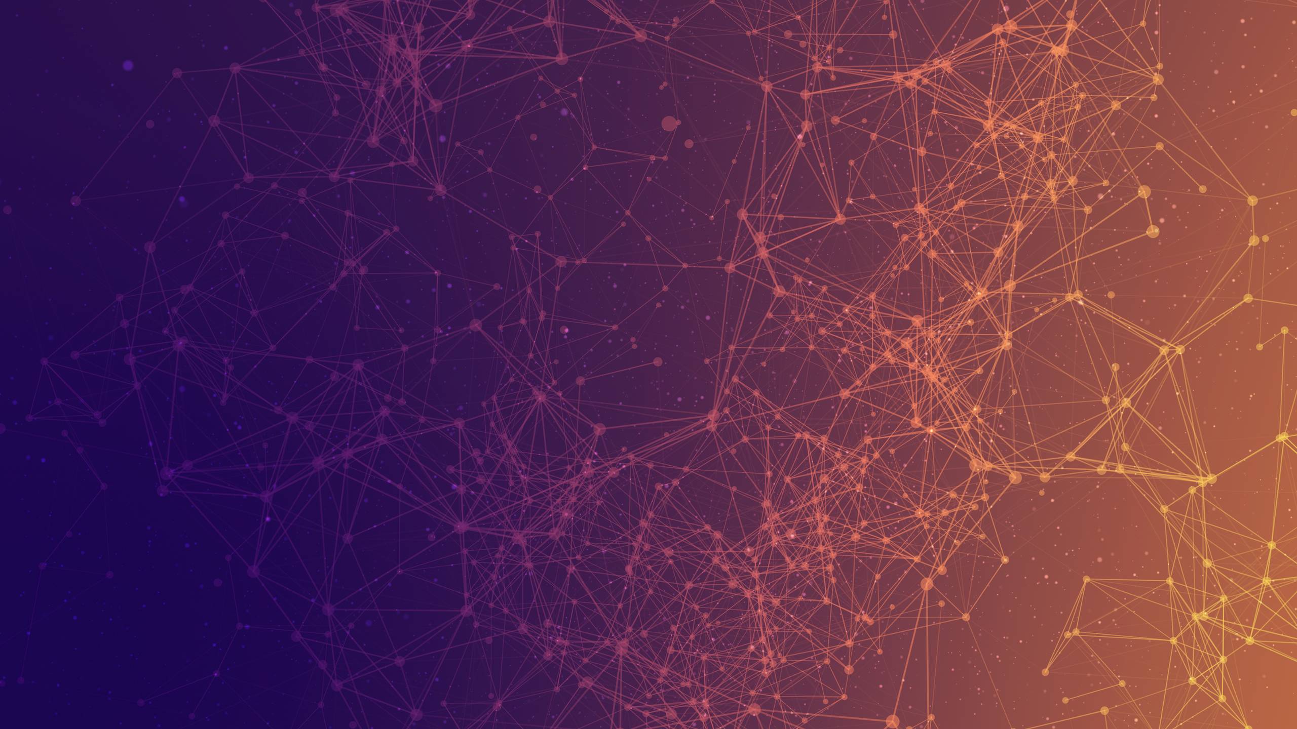 Abstraktes digitales Netzwerk mit miteinander verbundenen Polymeren auf einem Hintergrund mit Farbverlauf von Dunkelviolett bis Orange.