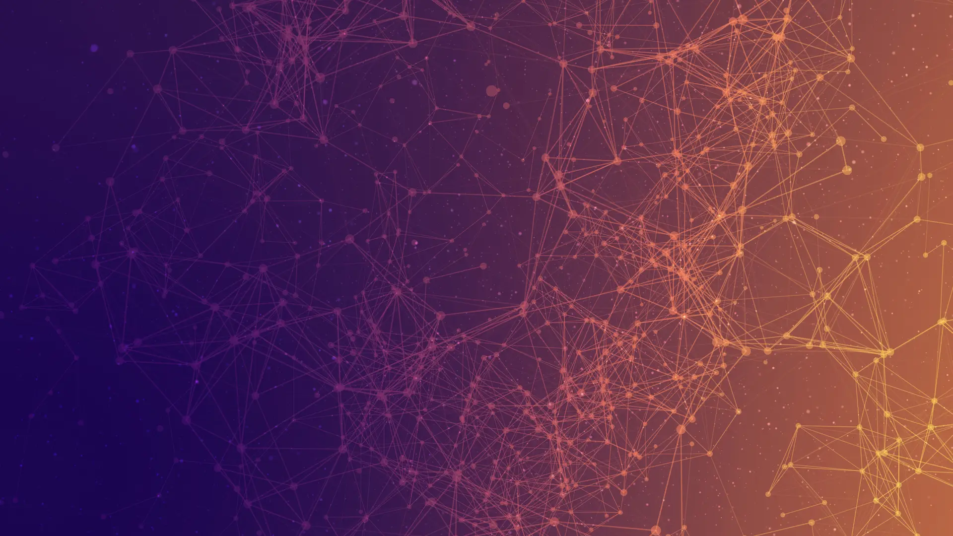 Abstraktes Bild miteinander verbundener Polymere, die ein Netzwerkmuster bilden, mit einem Hintergrund mit Farbverlauf von Dunkelviolett nach Orange.