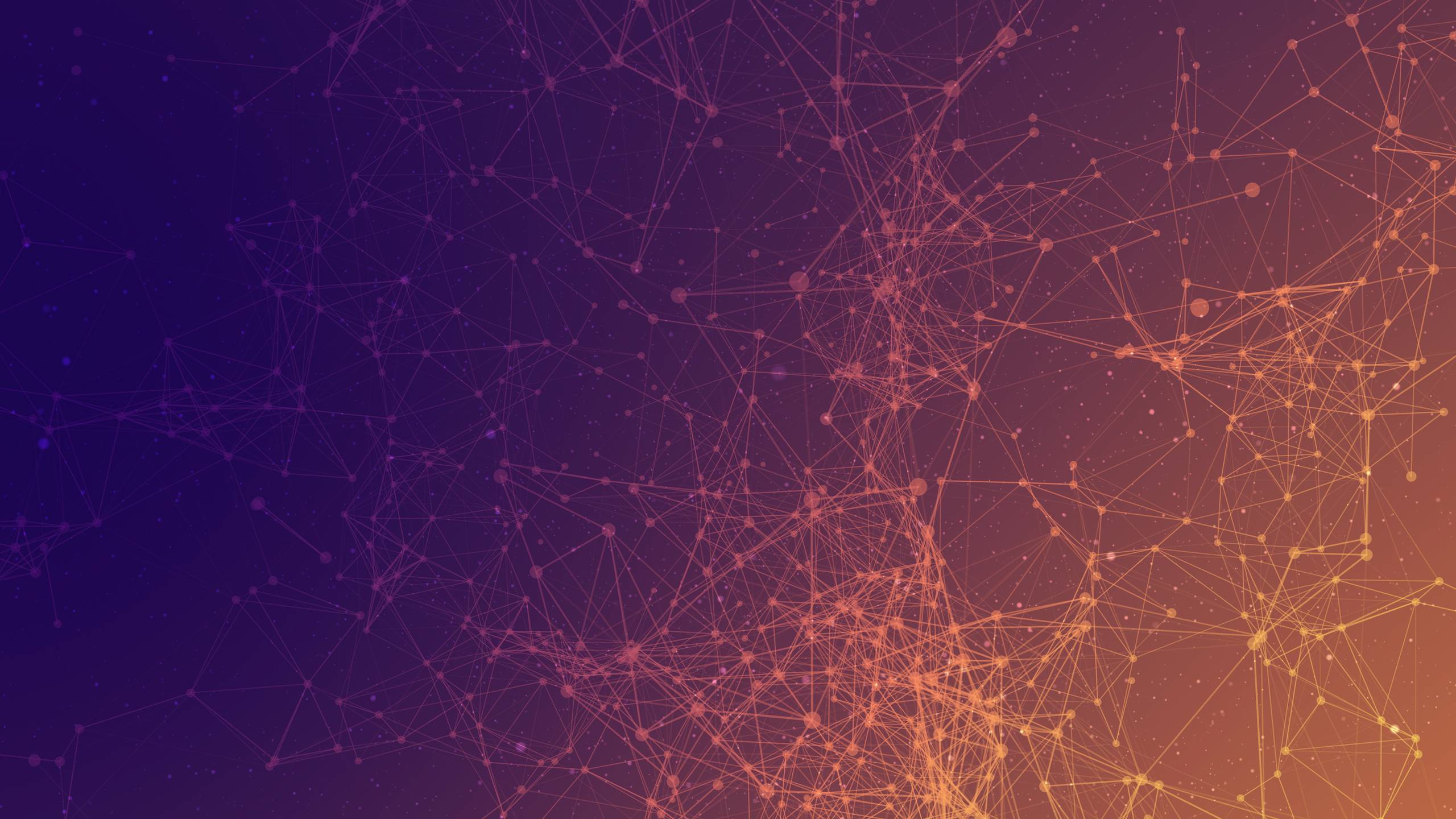 Abstract image of interconnected polymers forming a network pattern, with a gradient from deep purple to orange.