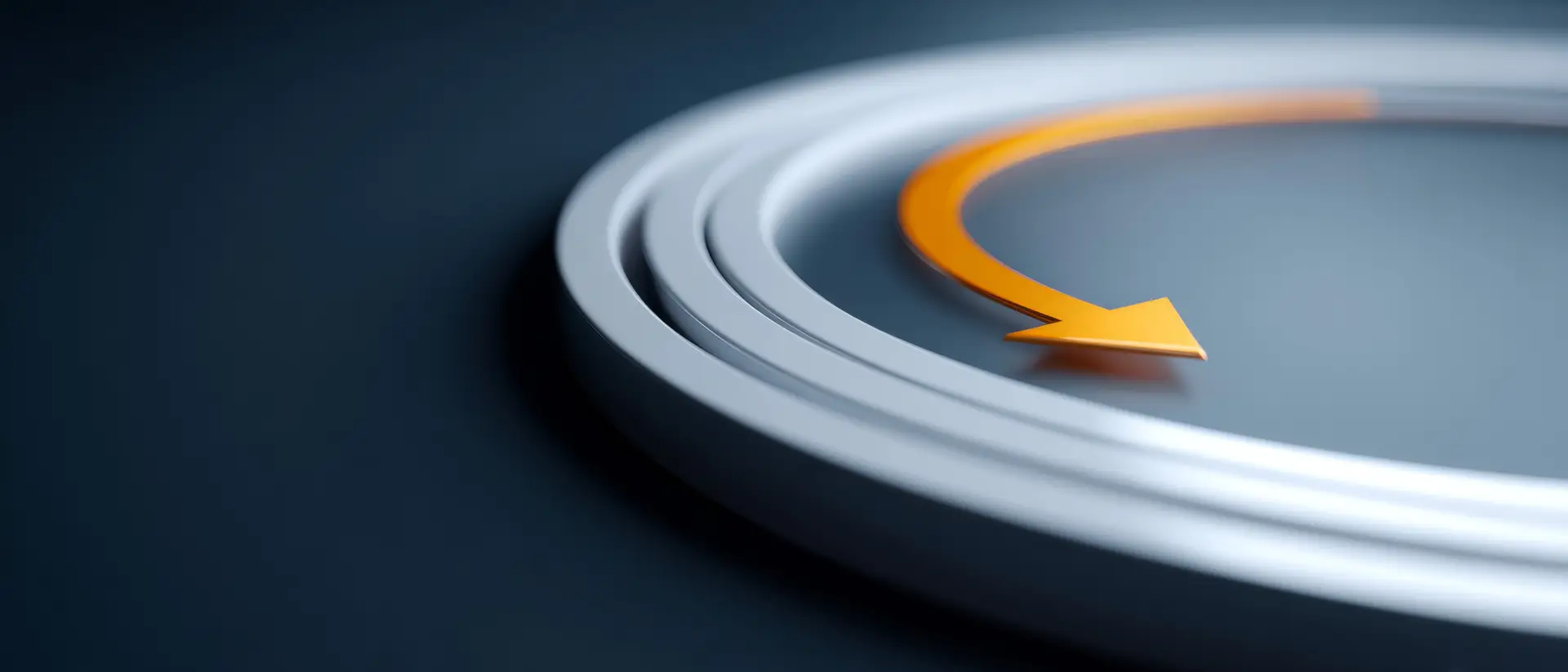 Curved gray lines and an orange arrow form a circular pattern on a dark background.