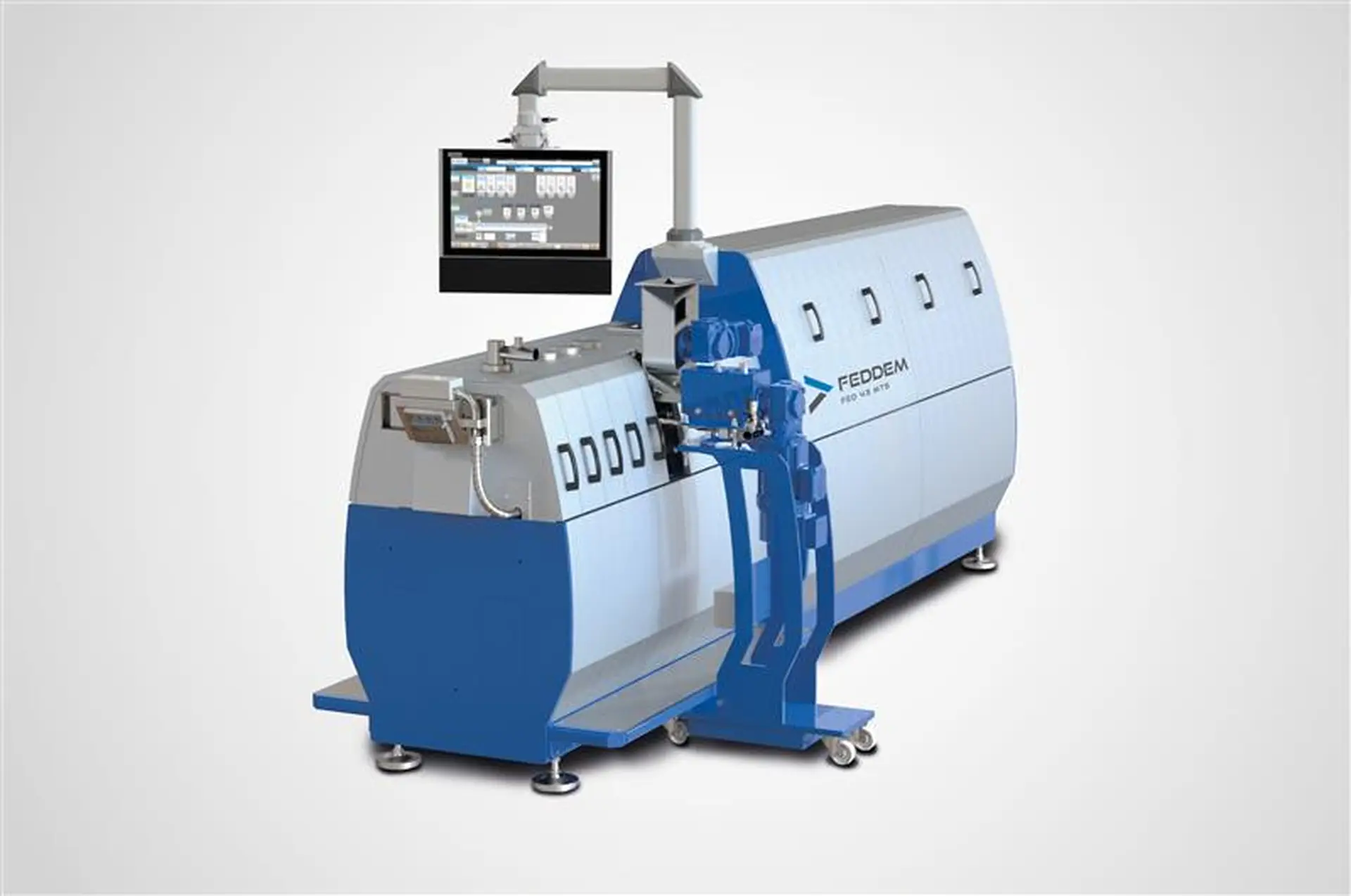 „FED 43 MTS twin-screw extruder for engineering plastics with control panel and side units – product photo for compounders