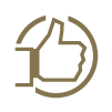 Daumen hoch Icon in einem Kreis, braune Umrisslinie auf transparentem Hintergrund.