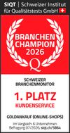 Branchenchampion 1. Platz SIQT Zertifikat für Branchensieger 2026 im Bereich Schweizer Branchenmonitor, 1. Platz in Kundenservice für Goldankauf (Online-Shops).