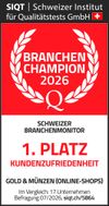 SIQT Zertifikat für Branchensieger 2026 im Bereich Schweizer Branchenmonitor, 1. Platz in Kundenzufriedenheit für Gold & Münzen (Online-Shops).