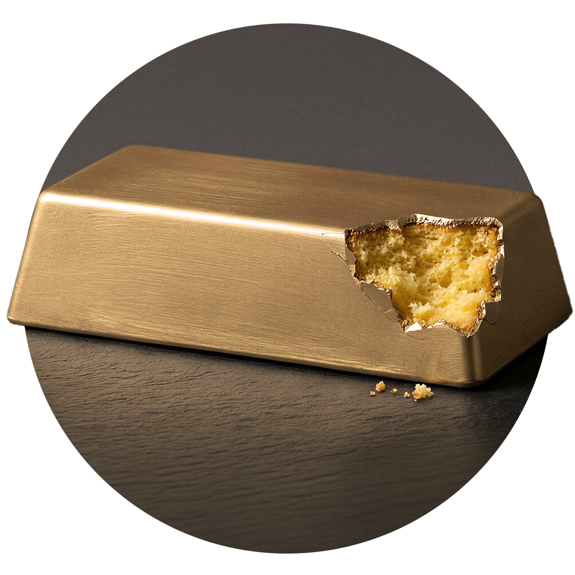 Ein vermeintlicher Goldbarren, der sich als Stück Kuchen entpuppt.