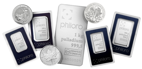 Platin und Palladium Verschiedene Barren und Münzen aus Platin und Palladium.