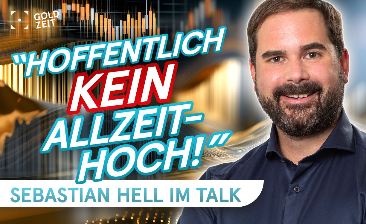 Ein Mann lächelt, daneben der Text: "Hoffentlich kein Allzeithoch!" und "Sebastian Hell im Talk" mit Aktiencharts im Hintergrund.