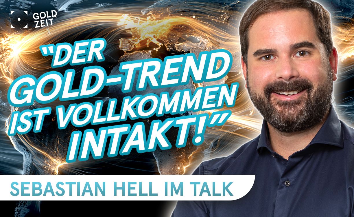 Lächelnder Mann vor einem globusähnlichen Hintergrund mit Text: "Der Gold-Trend ist vollkommen intakt!" und "Sebastian Hell im Talk".