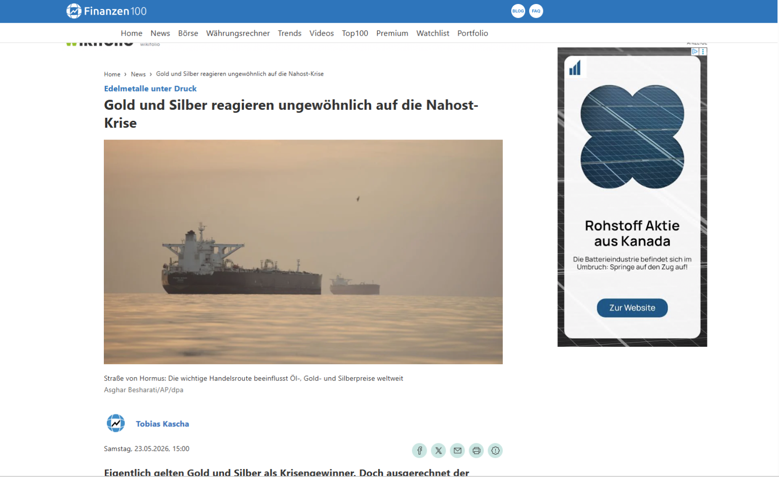 Finanzen100 vom 23.05.2026 Ein Gastbeitrag von Tobias Kascha über die Reaktion der Edelmetalle auf die Nahost-Krise.