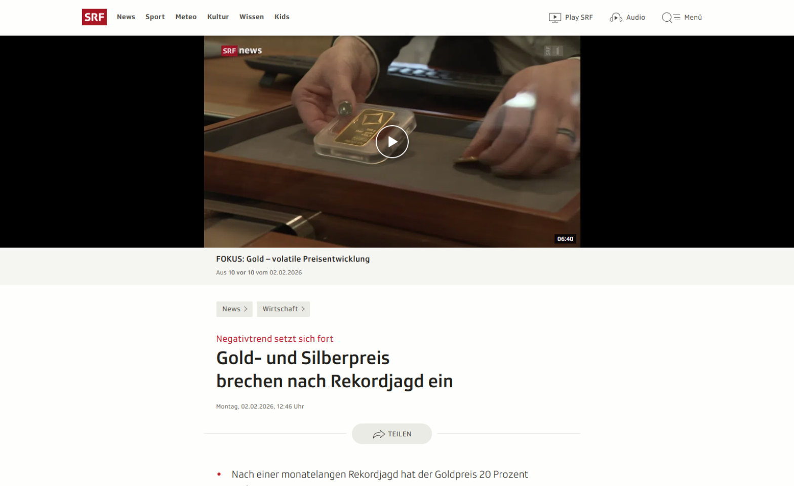 Gold- und Silberpreis brechen nach Rekordjagd an. Artikel «Rekordjagd vorbei» | SRF von 02/2026