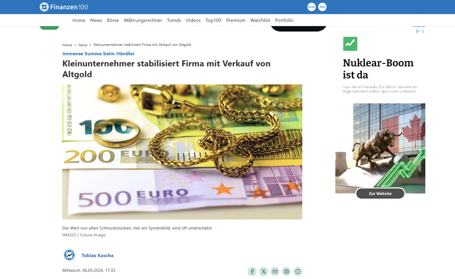 Finanzen100 vom 06.05.2026 Kleinunternehmer stabilisiert Firma mit Verkauf von Altgold. Eine philoro-Erfolgsgeschichte.