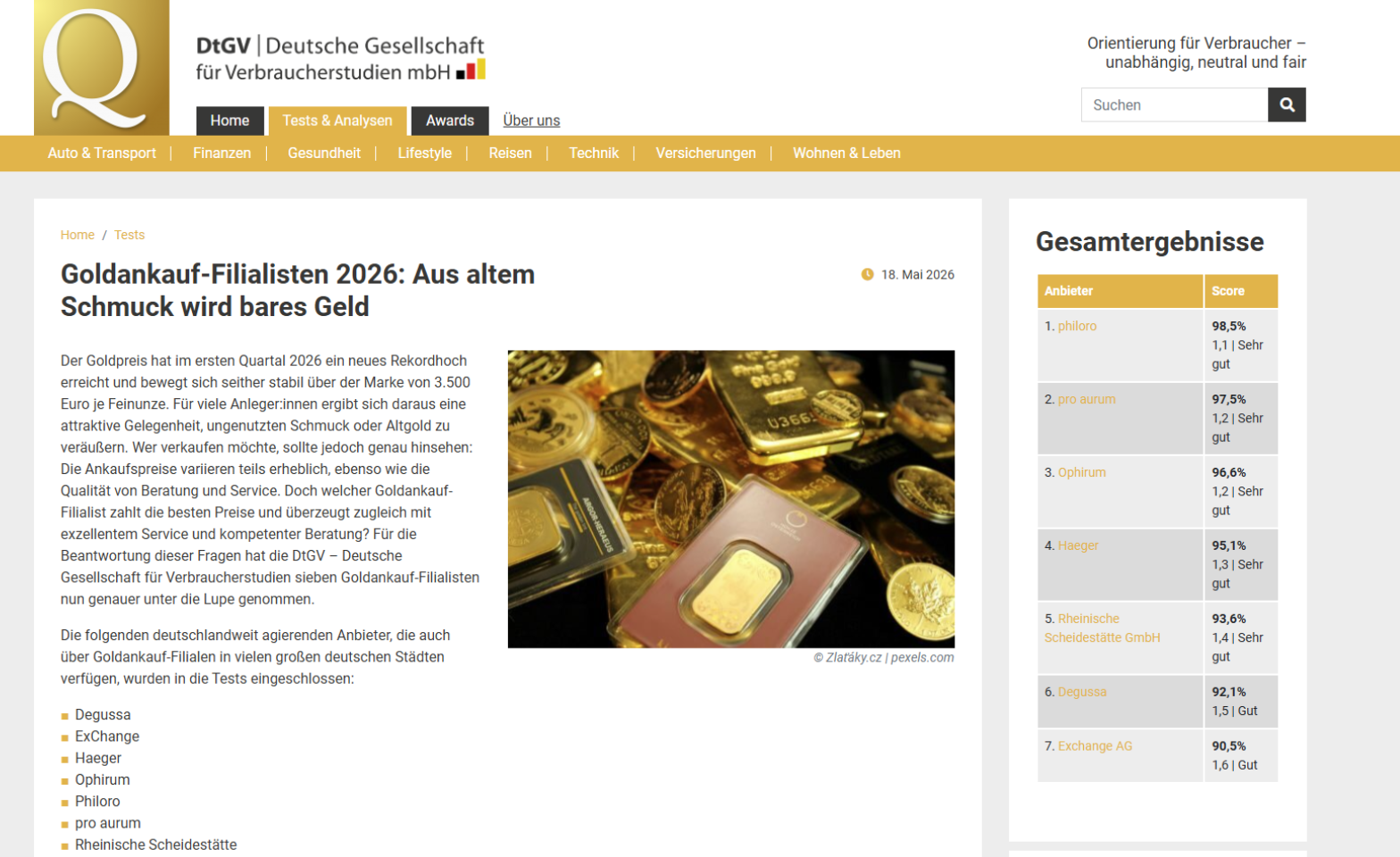 DtGF Testsieger philoro philoro setzt sich klar von der Konkurrenz ab und sichert sich den Testsieg beim Thema Altgold.