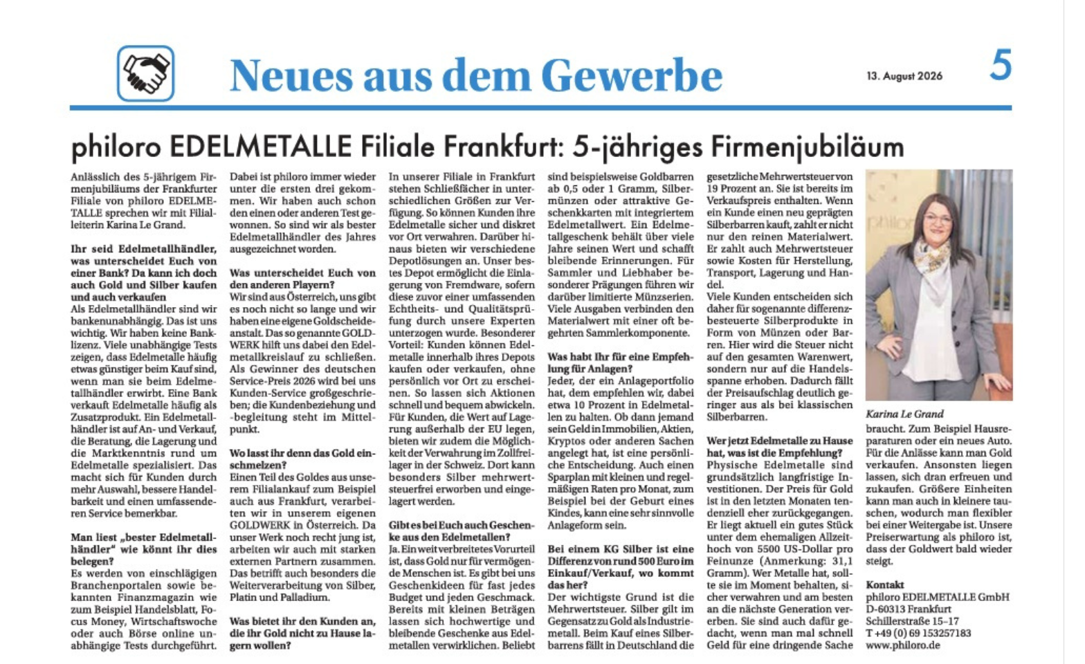 philoro Frankfurt feiert 5-jähriges Firmenjubiläum.