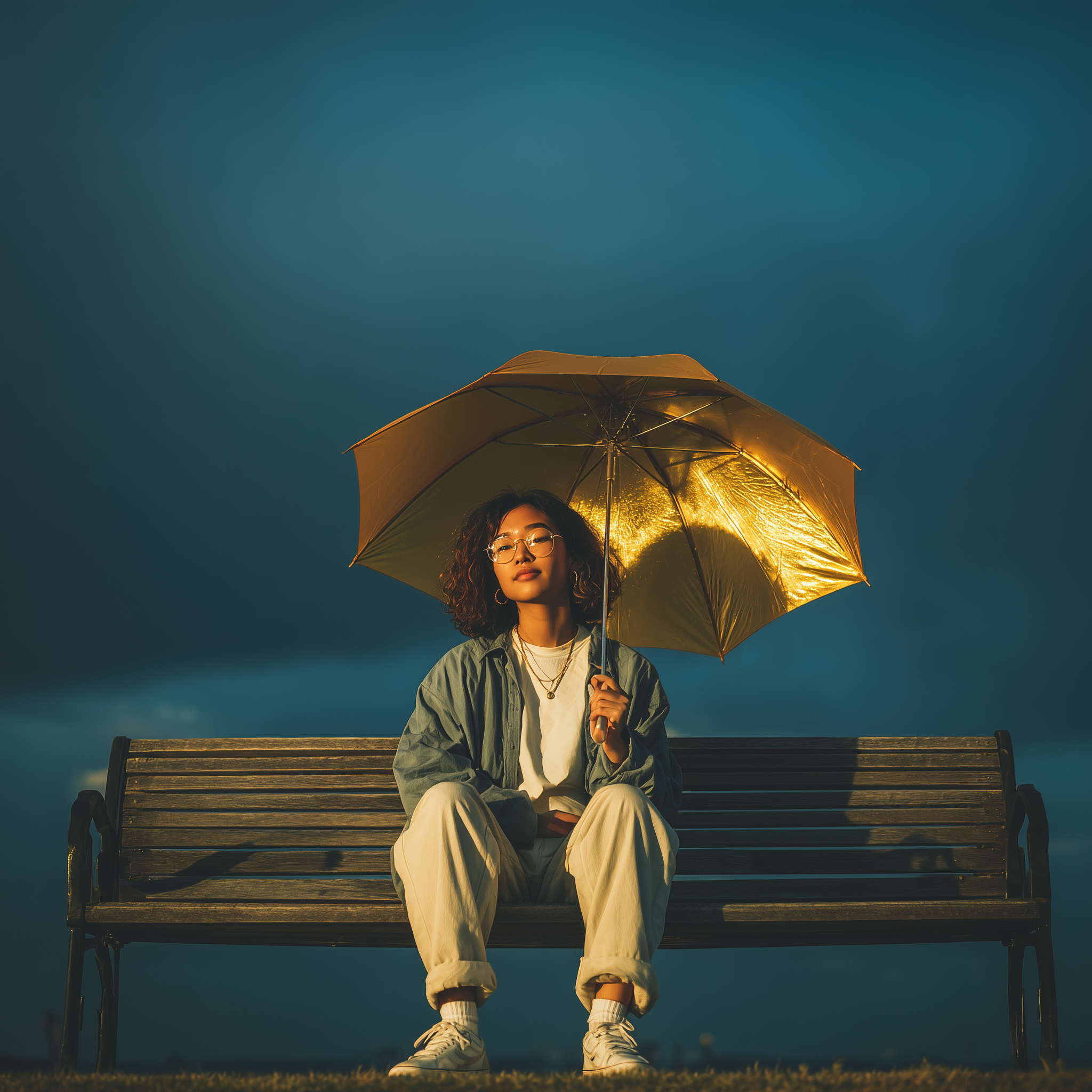 Eine Person sitzt auf einer Bank und hält einen goldenen Regenschirm in der Hand, während über ihr ein dramatischer, bewölkter Himmel zu sehen ist.