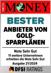 Focus Money Siegel für Bester Anbieter von Goldsparplänen. Ausgabe 21/2024.