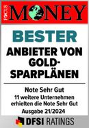 Siegel für Bester Anbieter von Goldsparplänen. Ausgabe 21/2024.