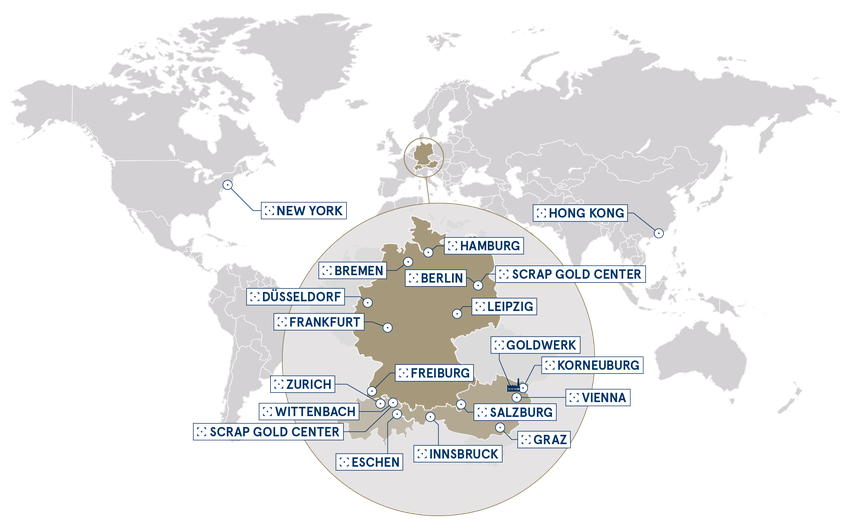 A map showing the philoro locations in Germany, Austria, Switzerland, Hong Kong and New York.